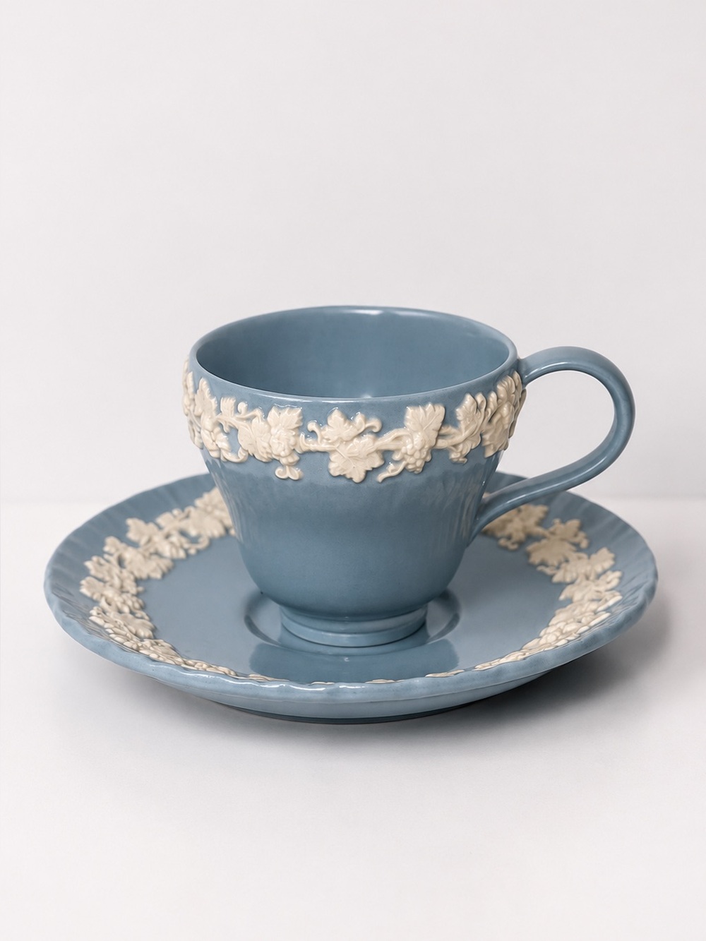 Wedgwood Etruria Barlaston Embossed Queensware Blue Tea Cup & Saucer Set England